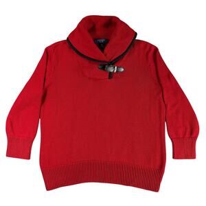 Chaps Ralph Lauren Red Petite Shawl Collar Buckle Sweater Chunky Knit 3/4 Sleeve